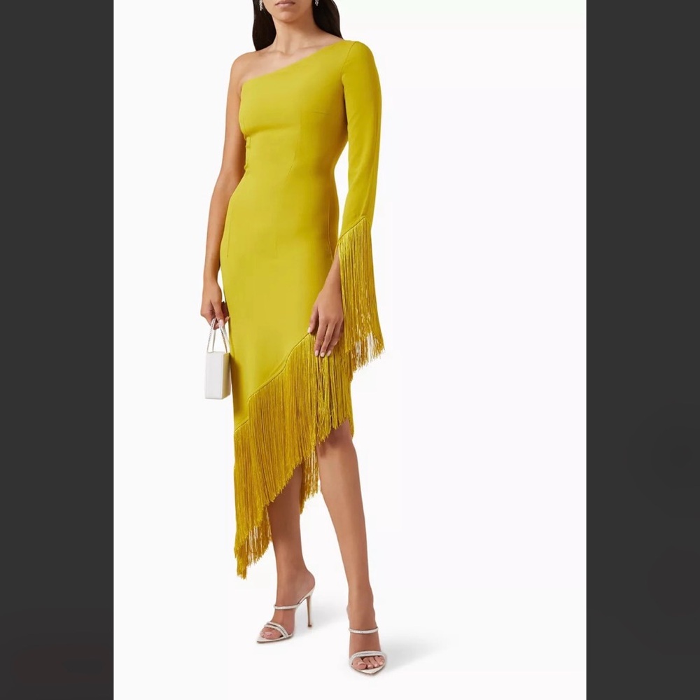 Asymmetrical One-Shoulder Yellow Dress with Fringe